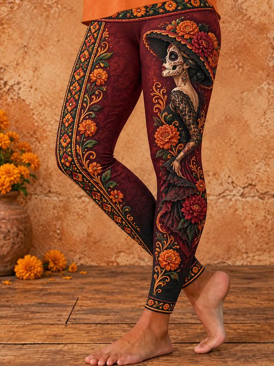Mallas estampadas con diseño floral del Día de los Muertos mexicano para mujer