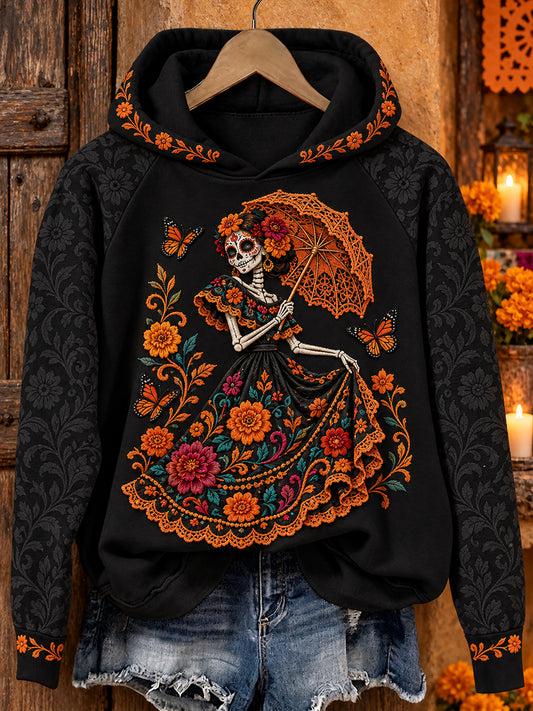 Sudadera con capucha estampada con diseño floral del Día de los Muertos mexicano para mujer