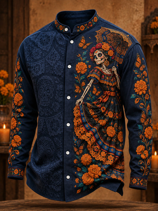 Camisa para hombre con estampado floral de Día de Muertos mexicano