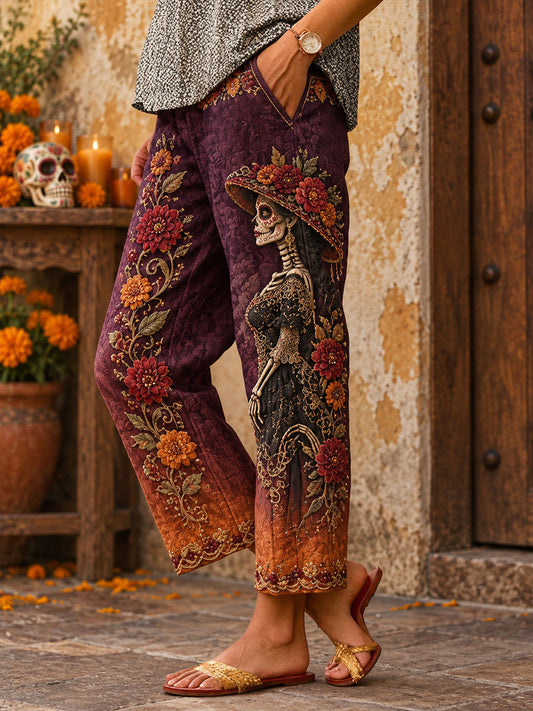 Día de México de las mujeres del arte floral muerto impreso Pantalones