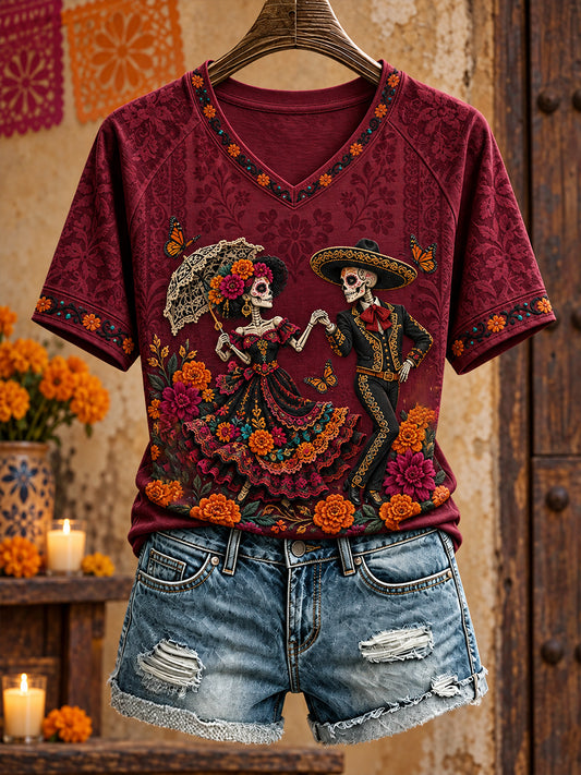 Camiseta estampada con diseño floral de Día de Muertos mexicano para mujer