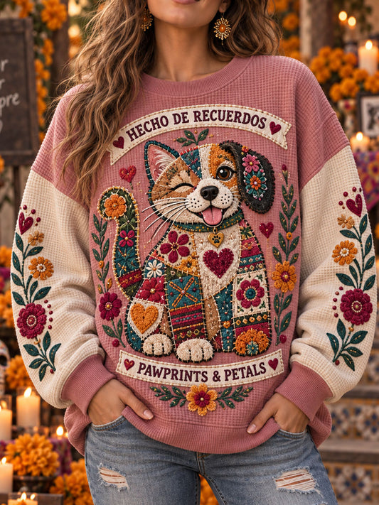 Sudadera casual de cuello redondo con estampado de mascota para el Día de Muertos femenino