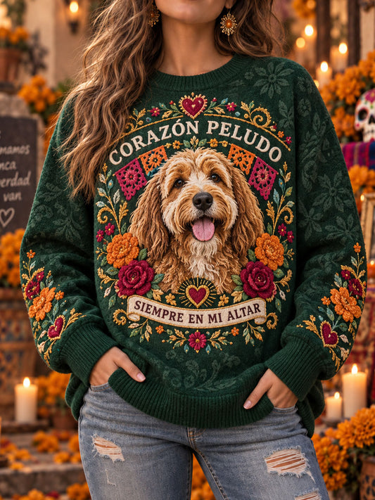 Suéter casual de cuello redondo con estampado de mascotas para el Día de Muertos femenino