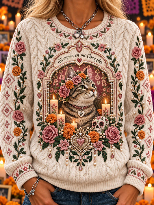 Suéter casual de cuello redondo con estampado de mascotas para el Día de Muertos femenino