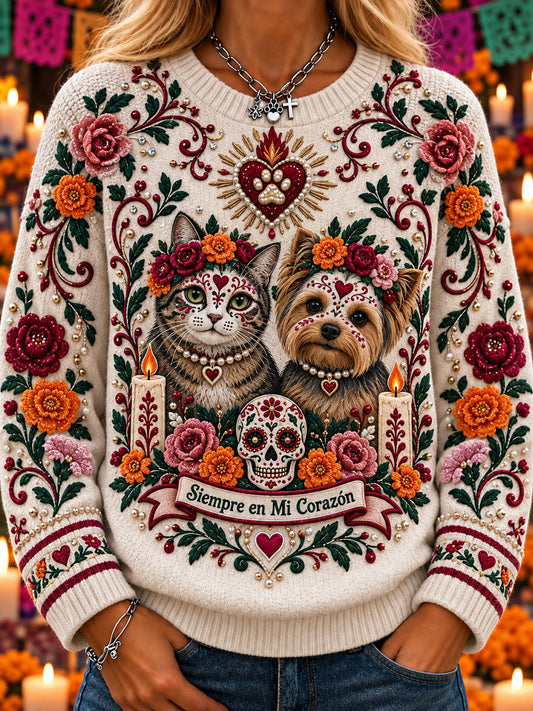 Suéter casual de cuello redondo con estampado de mascotas para el Día de Muertos femenino