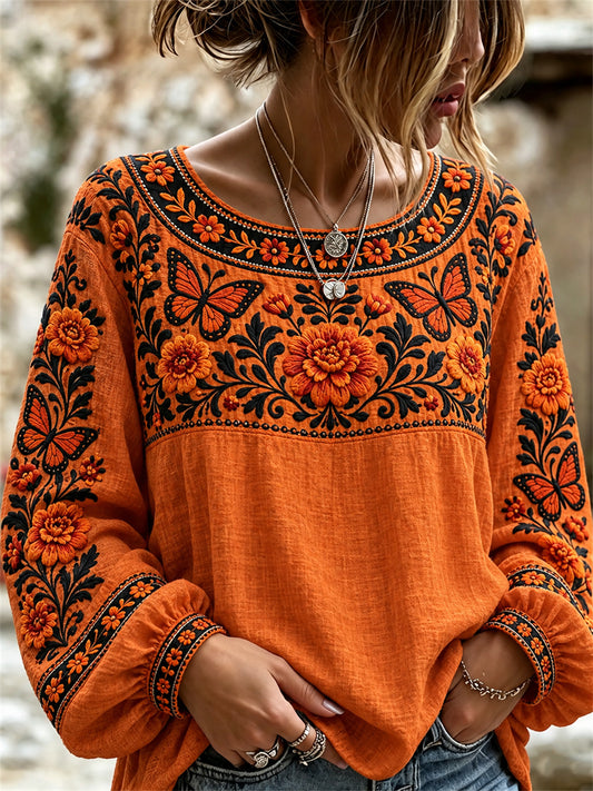 Camisa estampada con caléndulas y mariposas monarca para el Día de Muertos de las Mujeres