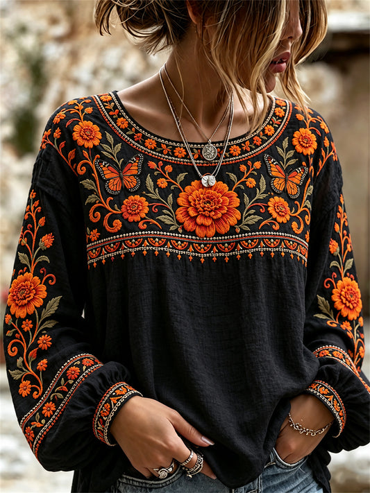 Camisa con estampado de mariposas monarca y caléndulas del día de los muertos para mujer