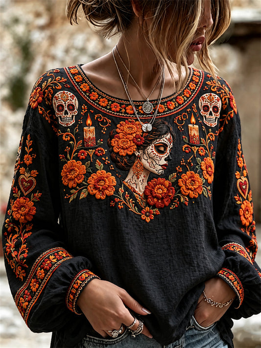Día de las mujeres de la señora muerta caléndulas de azúcar de impresión floral camisa