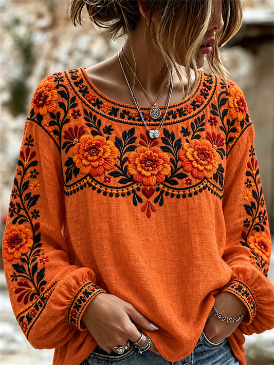 Camisa estampada con caléndulas y mariposas monarca para el Día de Muertos de las Mujeres