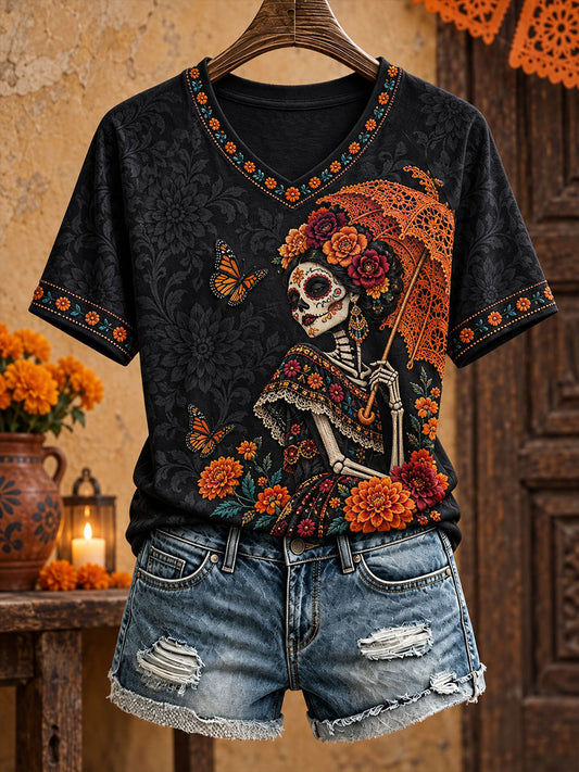 Camiseta estampada con diseño floral de Día de Muertos mexicano para mujer