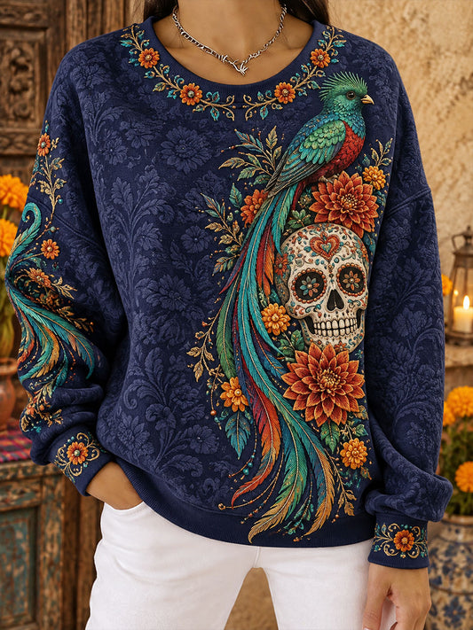 Sudadera estampada con diseño floral del Día de los Muertos mexicano para mujer
