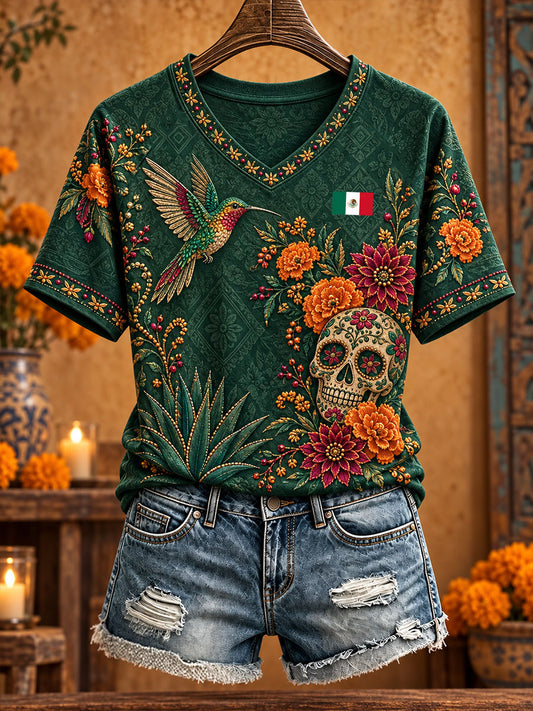Camiseta estampada con diseño floral de Día de Muertos mexicano para mujer