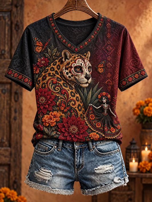 Camiseta estampada con diseño floral de Día de Muertos mexicano para mujer
