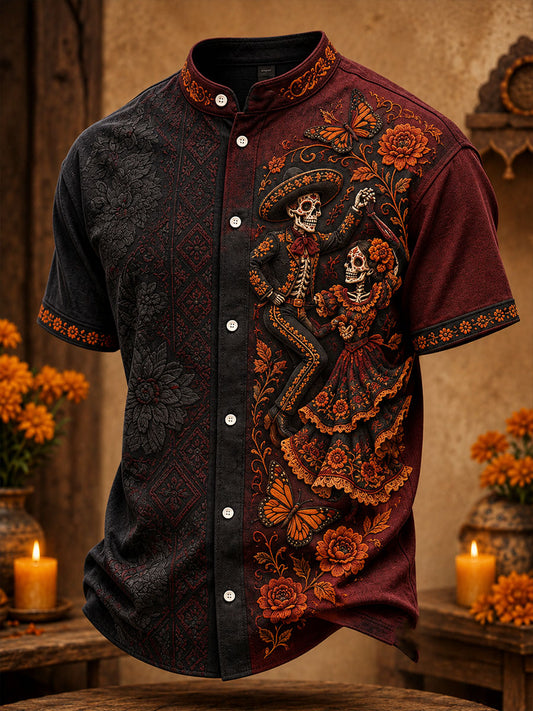 Camisa estampada con diseño floral mexicano del Día de los Muertos para hombre