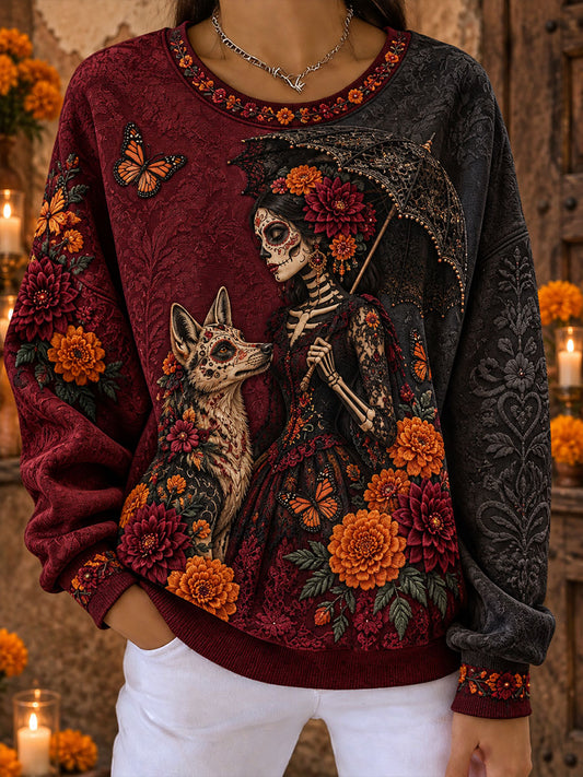 Sudadera estampada con diseño floral del Día de los Muertos mexicano para mujer