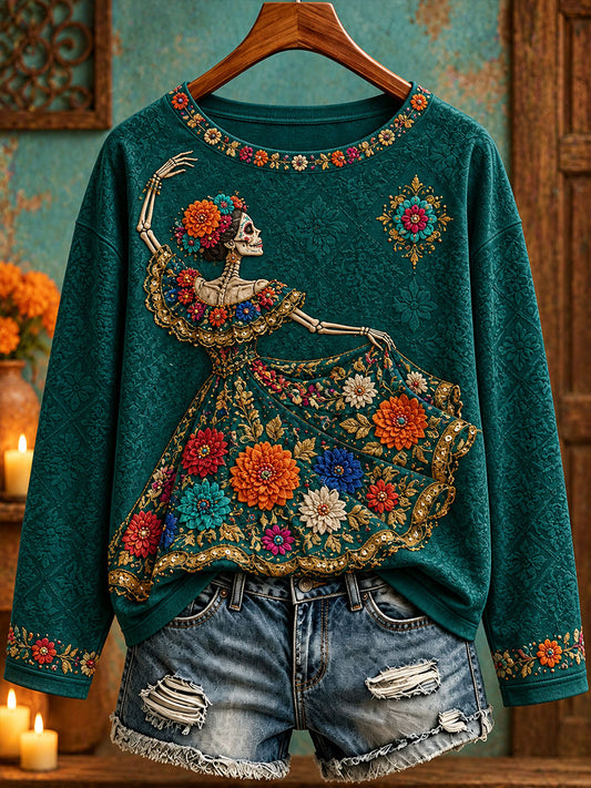 Camiseta estampada con diseño floral de Día de Muertos mexicano para mujer