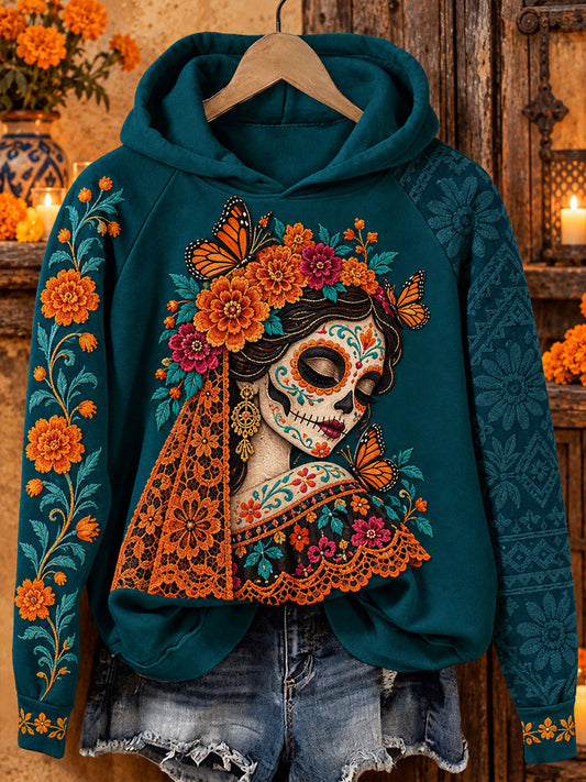 Sudadera con capucha estampada con diseño floral del Día de los Muertos mexicano para mujer
