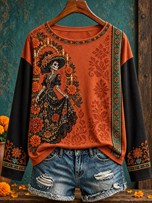 Camiseta estampada con diseño floral de Día de Muertos mexicano para mujer