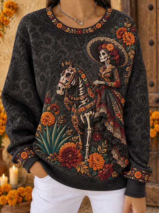Sudadera estampada con diseño floral del Día de los Muertos mexicano para mujer