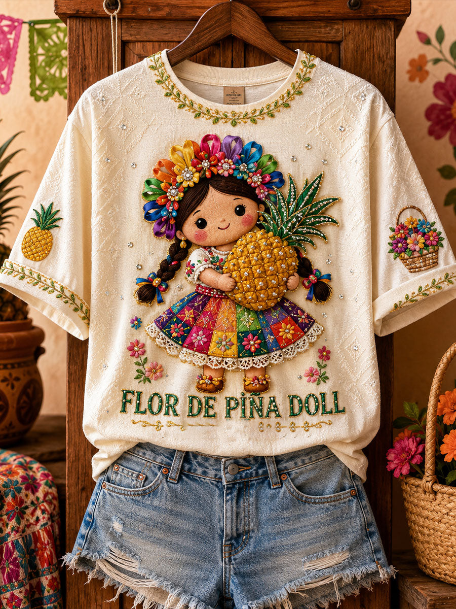 Camiseta estampada con arte floral folclórico mexicano para mujer
