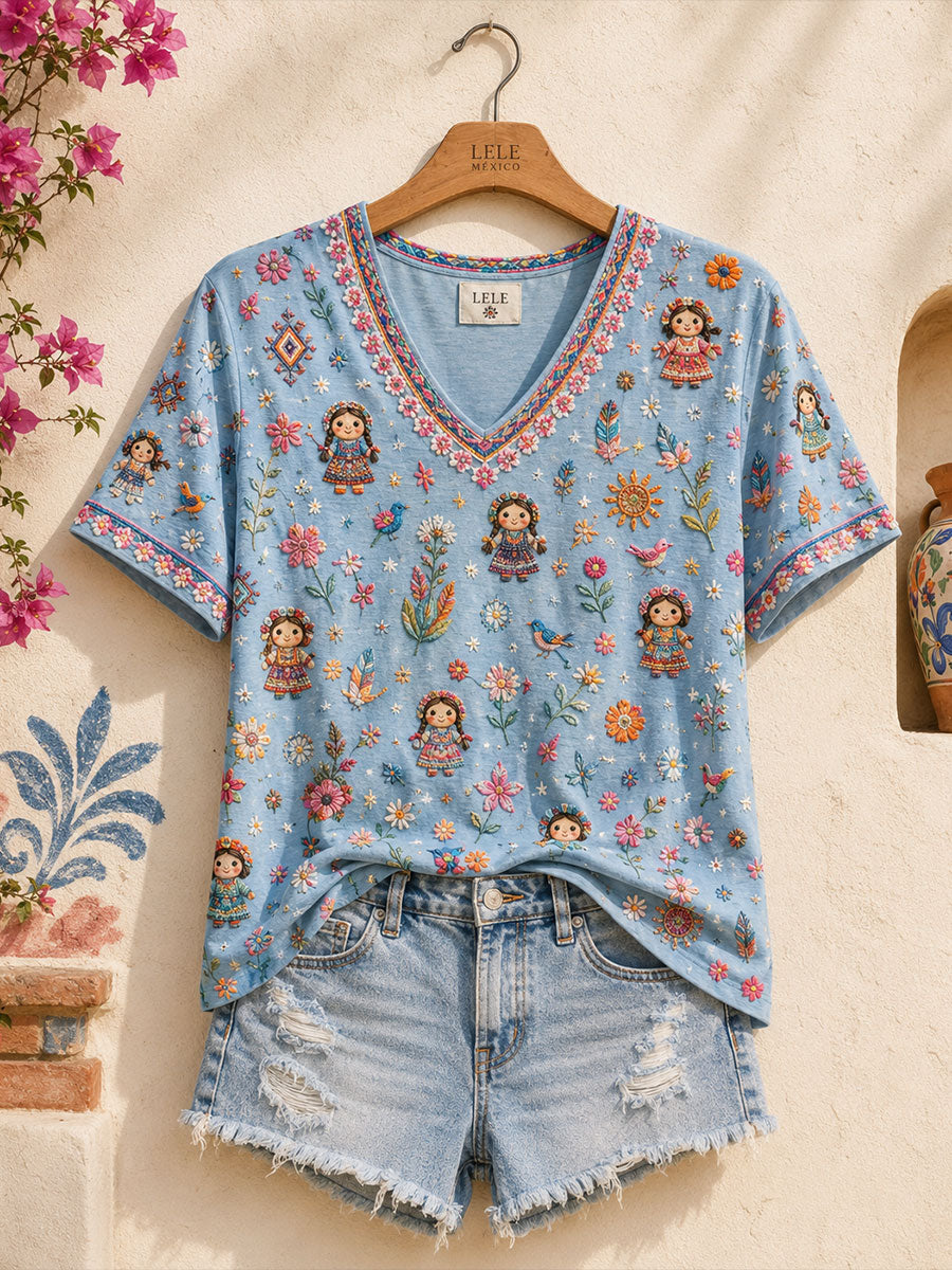 Camiseta estampada con arte floral folclórico mexicano para mujer