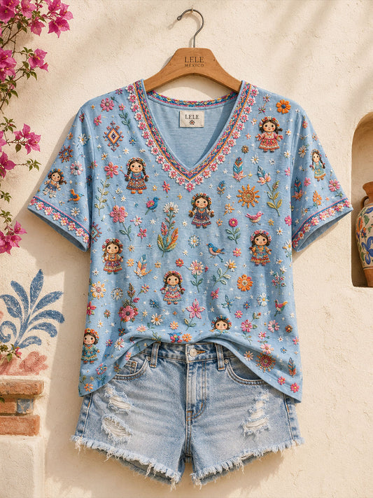 Camiseta estampada con arte floral folclórico mexicano para mujer