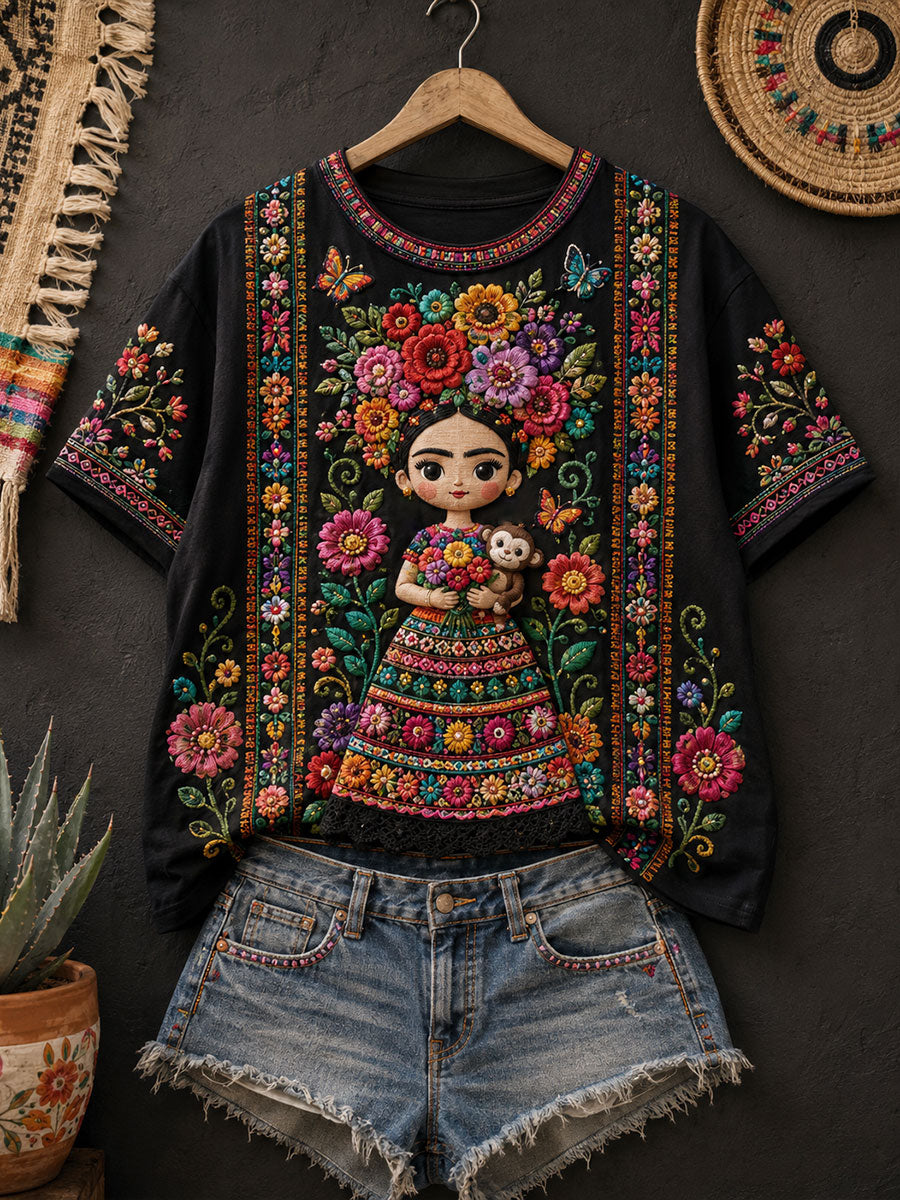 Camiseta estampada con arte floral folclórico mexicano para mujer