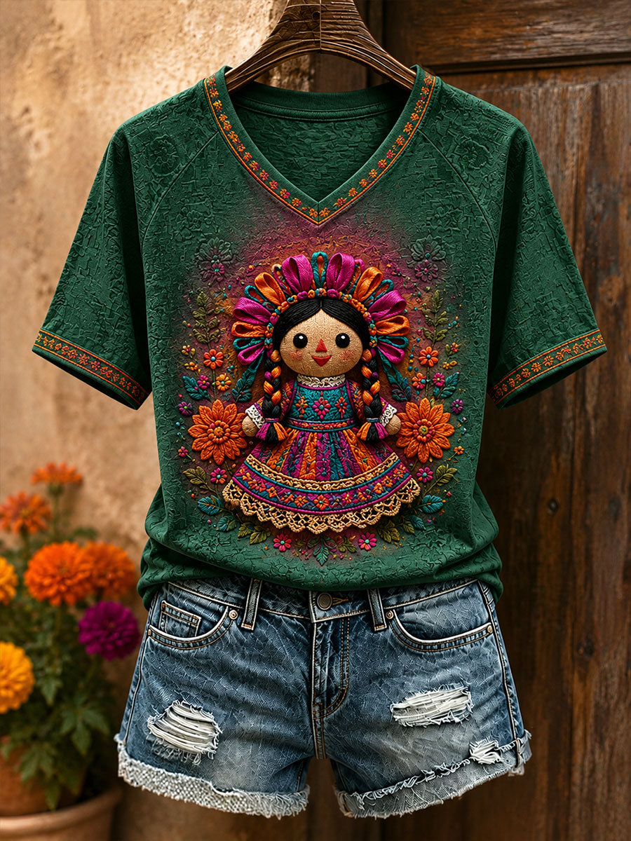 Camiseta estampada con arte floral folclórico mexicano para mujer