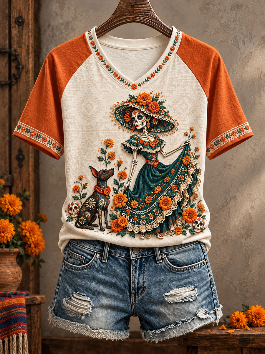 Camiseta estampada con diseño floral de Día de Muertos mexicano para mujer
