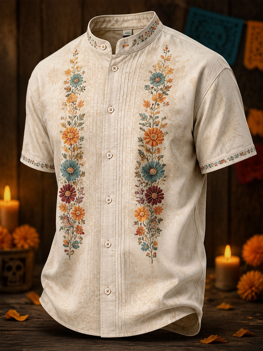 Camisa estampada con diseño floral mexicano del Día de los Muertos para hombre