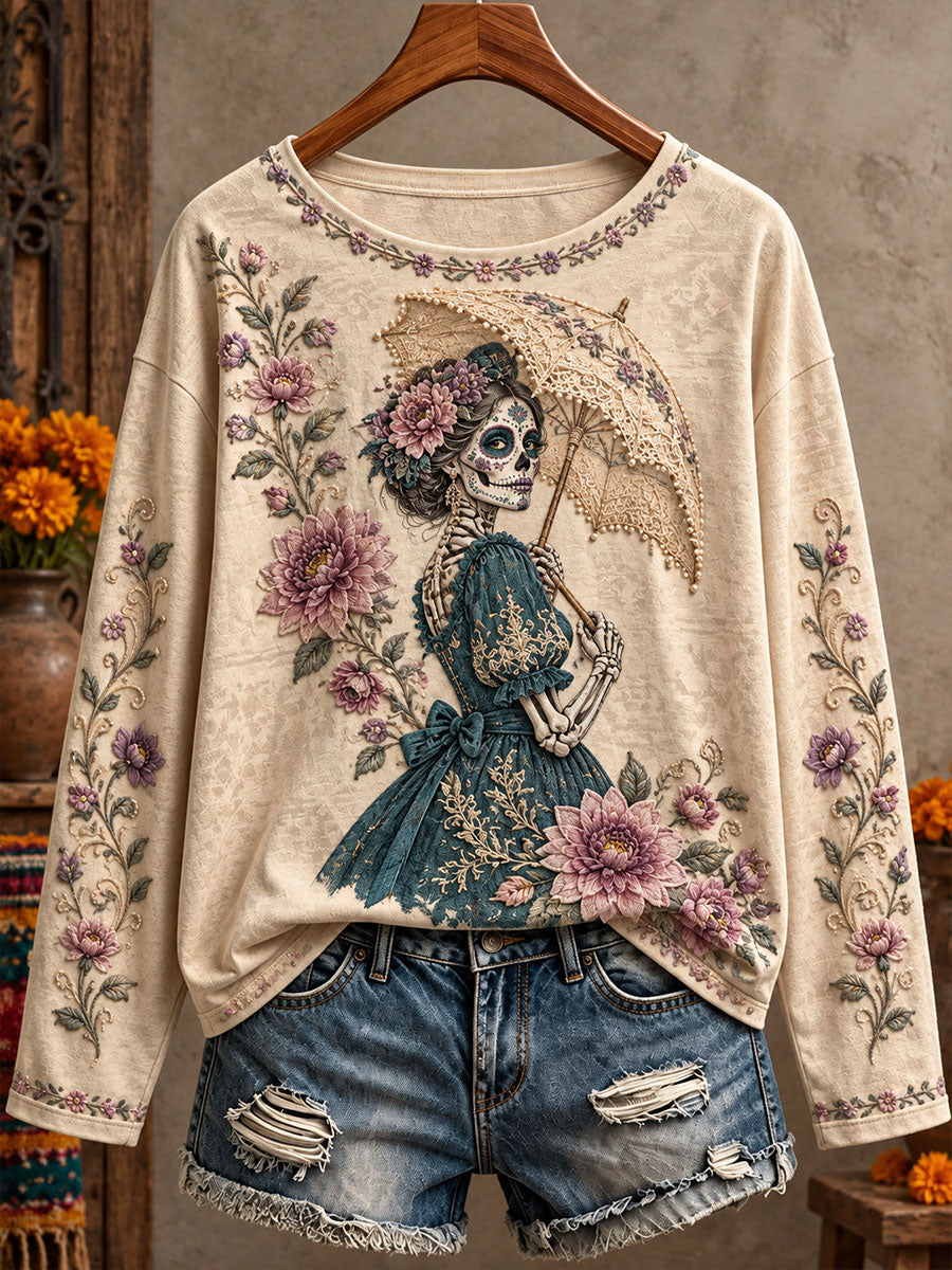 Camiseta estampada con diseño floral de Día de Muertos mexicano para mujer