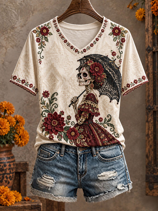 Camiseta estampada con diseño floral de Día de Muertos mexicano para mujer