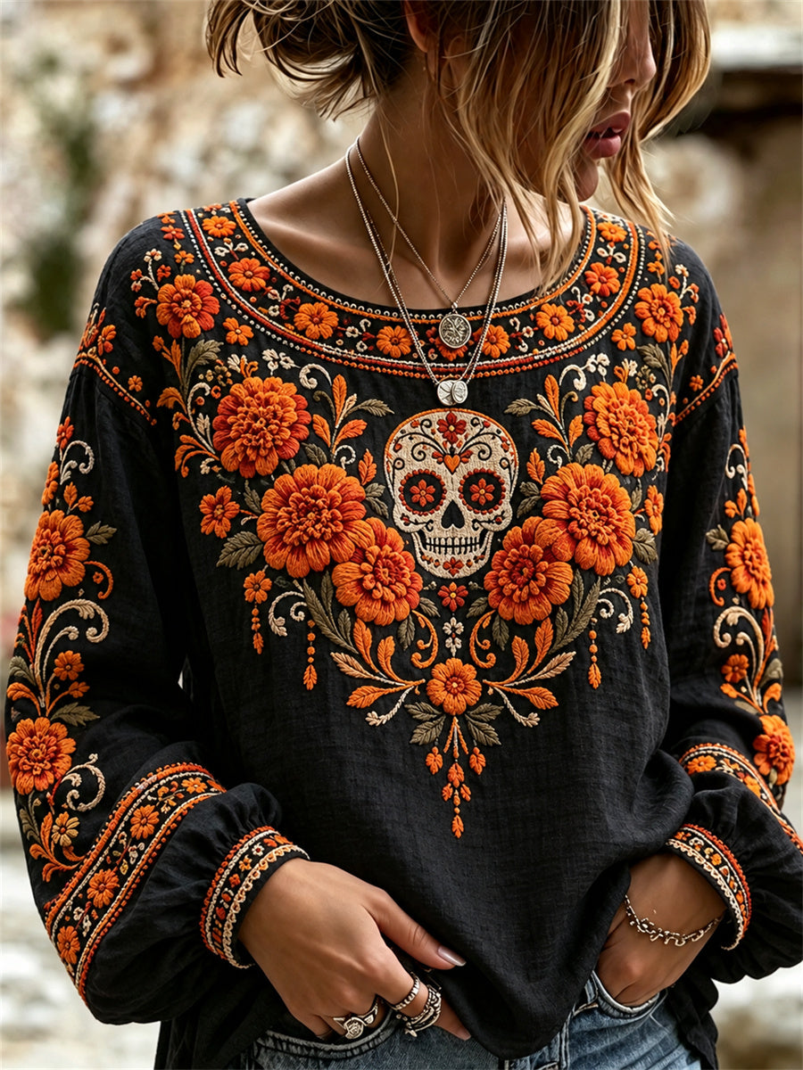 Camisa estampada floral mexicana de las caléndulas del día de los muertos del cráneo del azúcar de la mujer