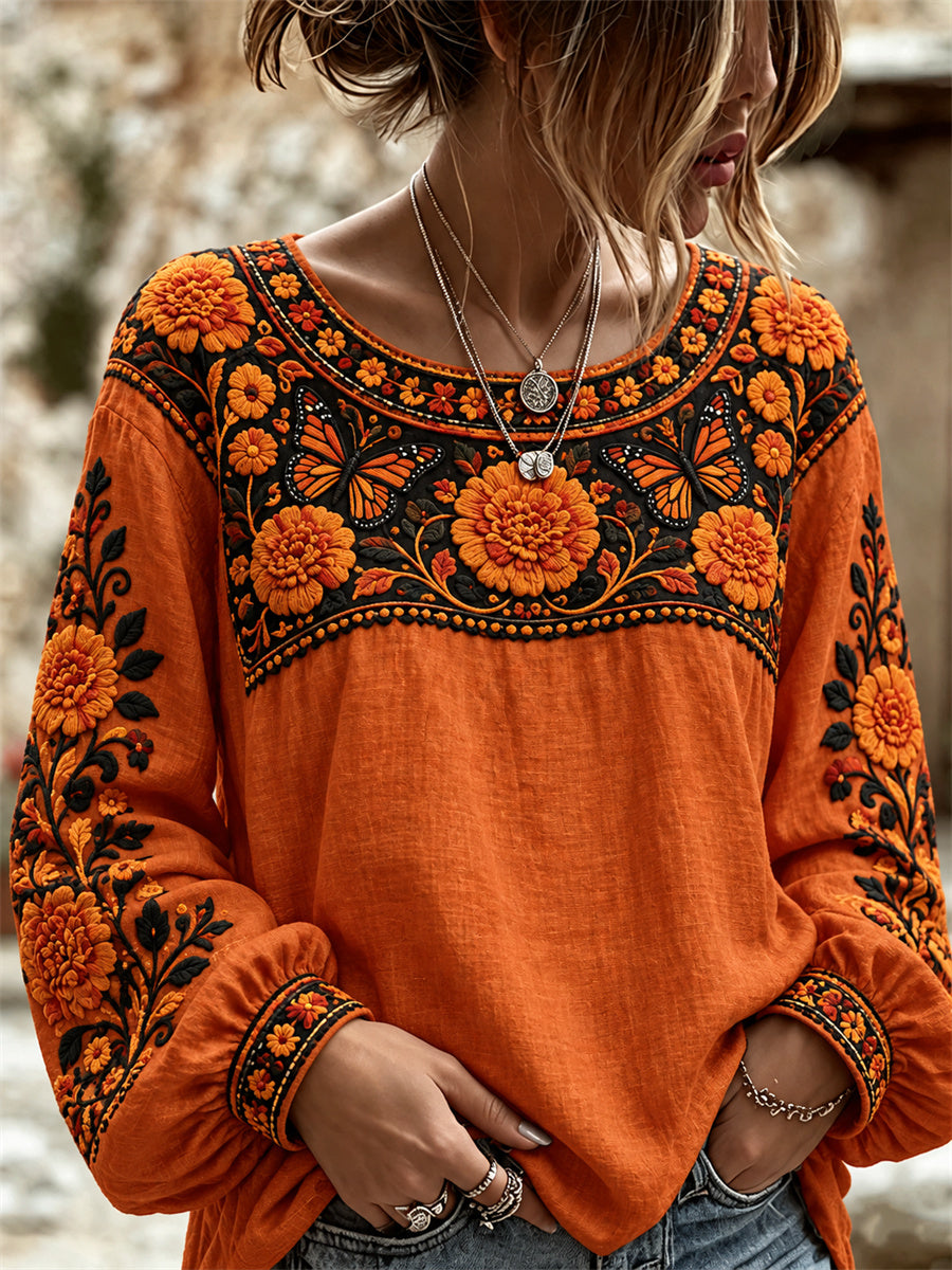 Camisa mexicana con estampado floral de caléndulas del día de los muertos para mujer