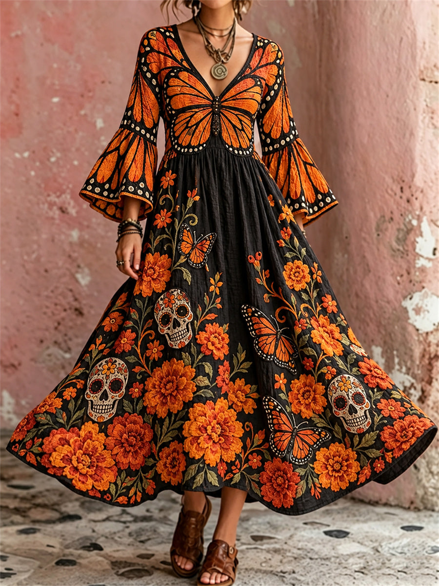 Día de las mujeres de la mariposa muerta caléndulas de azúcar caléndulas de impresión floral vestido maxi