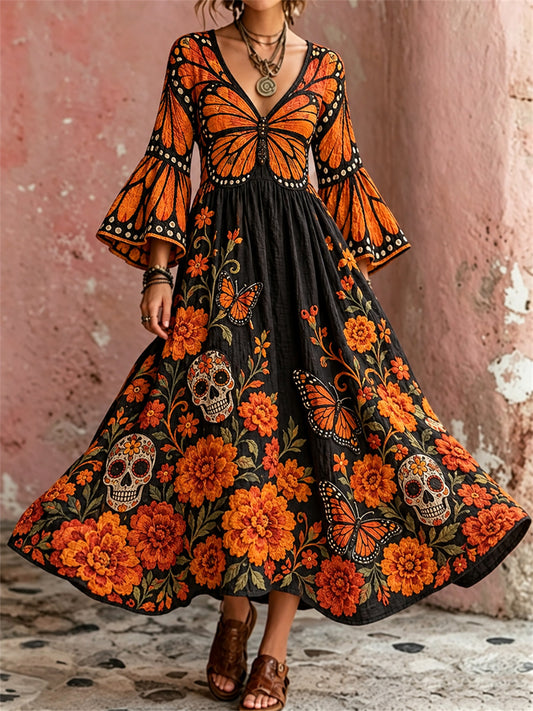 Día de las mujeres de la mariposa muerta caléndulas de azúcar caléndulas de impresión floral vestido maxi