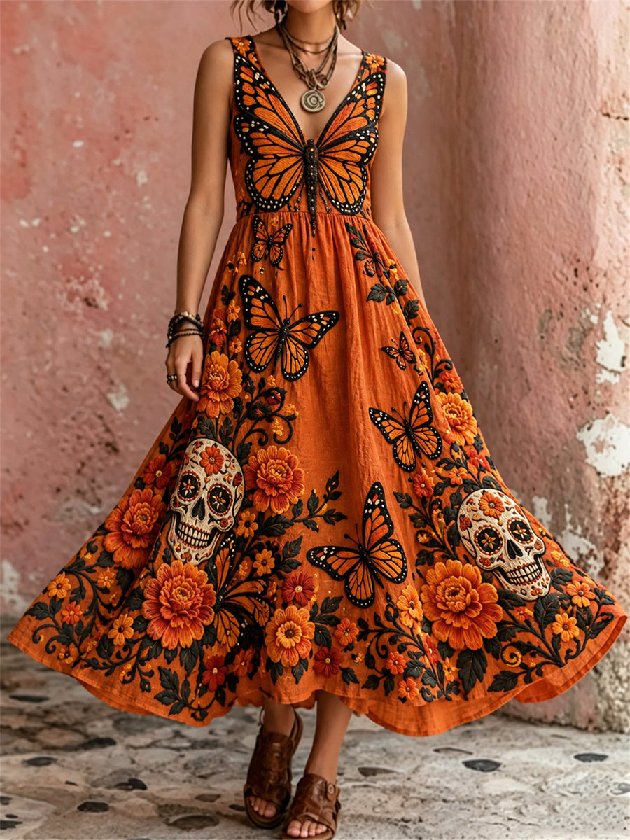 Vestido largo con estampado floral de mariposas, calaveras de azúcar y flores de cempasúchil para el Día de Muertos femenino