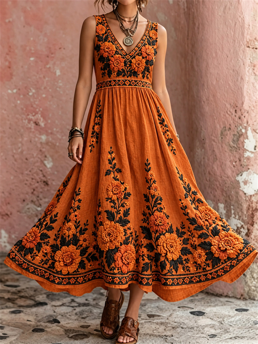 Vestido maxi con estampado floral mexicano de caléndulas del día de los muertos para mujer
