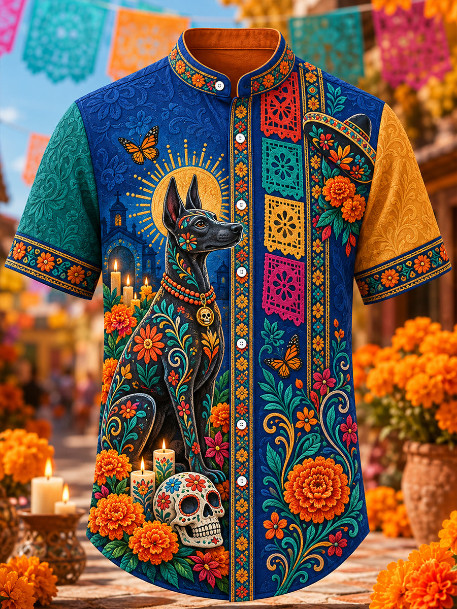 Camiseta de manga corta con estampado artístico del Día de los Muertos mexicano para hombre