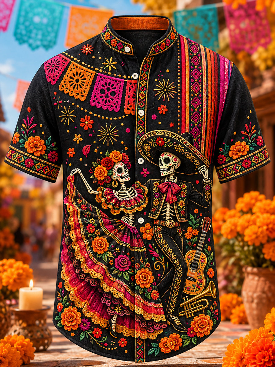 Camiseta de manga corta con estampado artístico del Día de los Muertos mexicano para hombre
