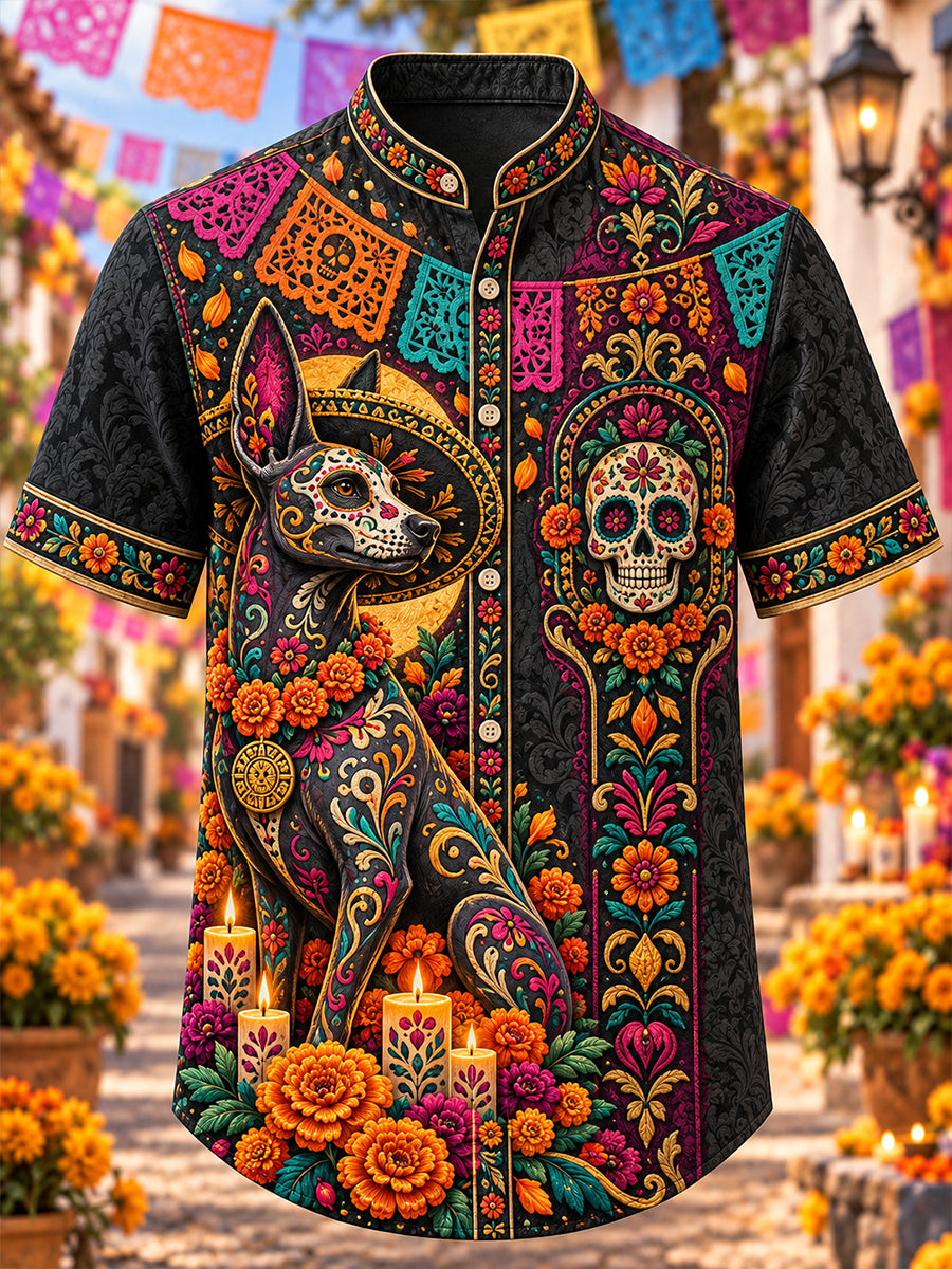 Camiseta de manga corta con estampado artístico del Día de los Muertos mexicano para hombre
