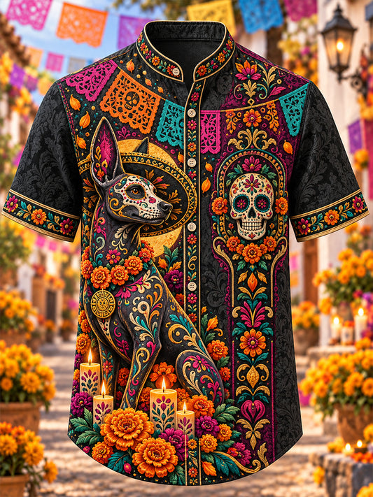Camiseta de manga corta con estampado artístico del Día de los Muertos mexicano para hombre