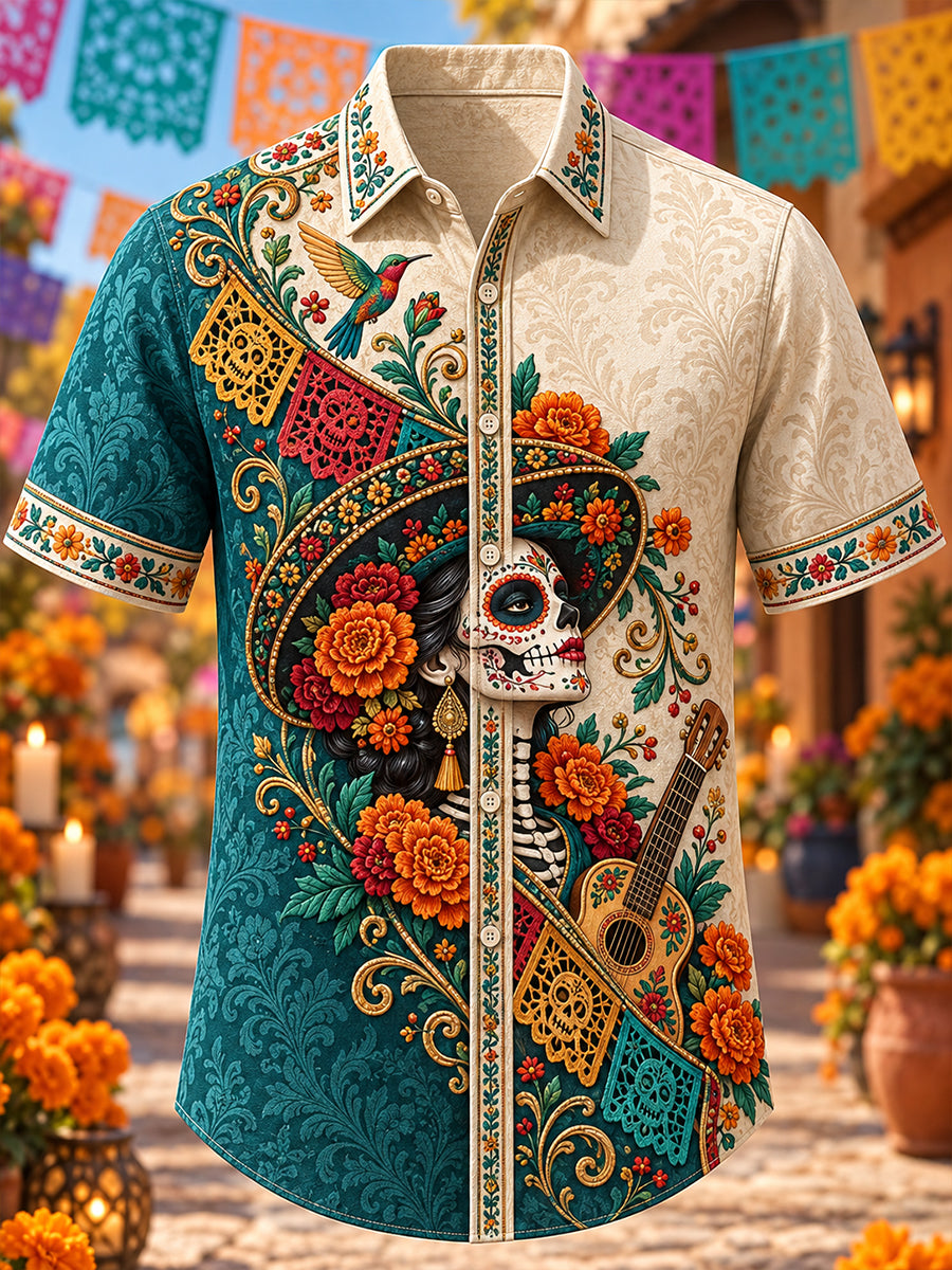 Camiseta de manga corta con estampado artístico del Día de los Muertos mexicano para hombre