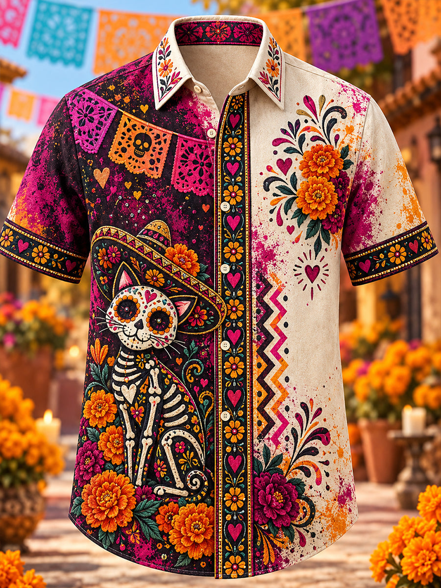 Camiseta de manga corta con estampado artístico del Día de los Muertos mexicano para hombre