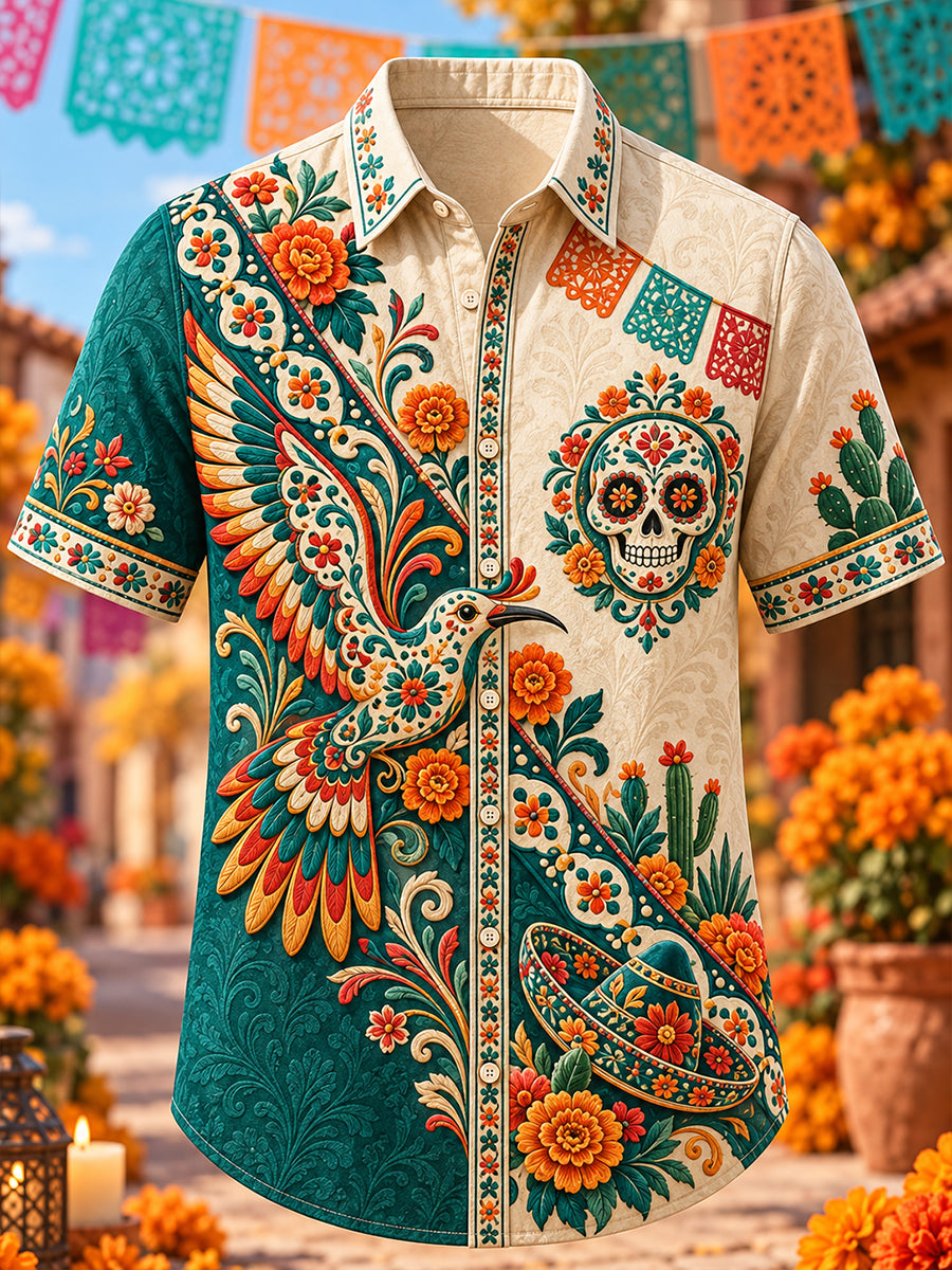 Camiseta de manga corta con estampado artístico del Día de los Muertos mexicano para hombre
