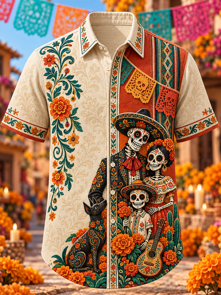 Camiseta de manga corta con estampado artístico del Día de los Muertos mexicano para hombre