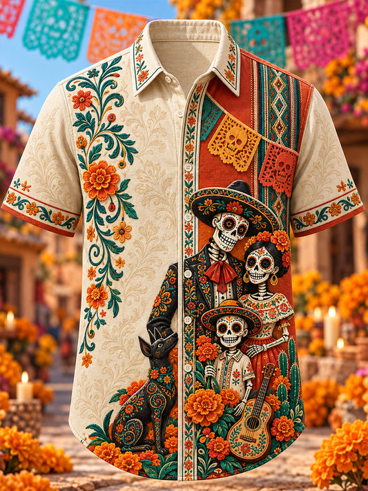 Camiseta de manga corta con estampado artístico del Día de los Muertos mexicano para hombre