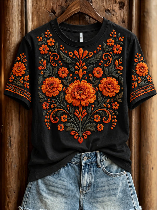 Camiseta de manga corta con estampado floral de caléndulas mexicanas para el Día de Muertos femenino