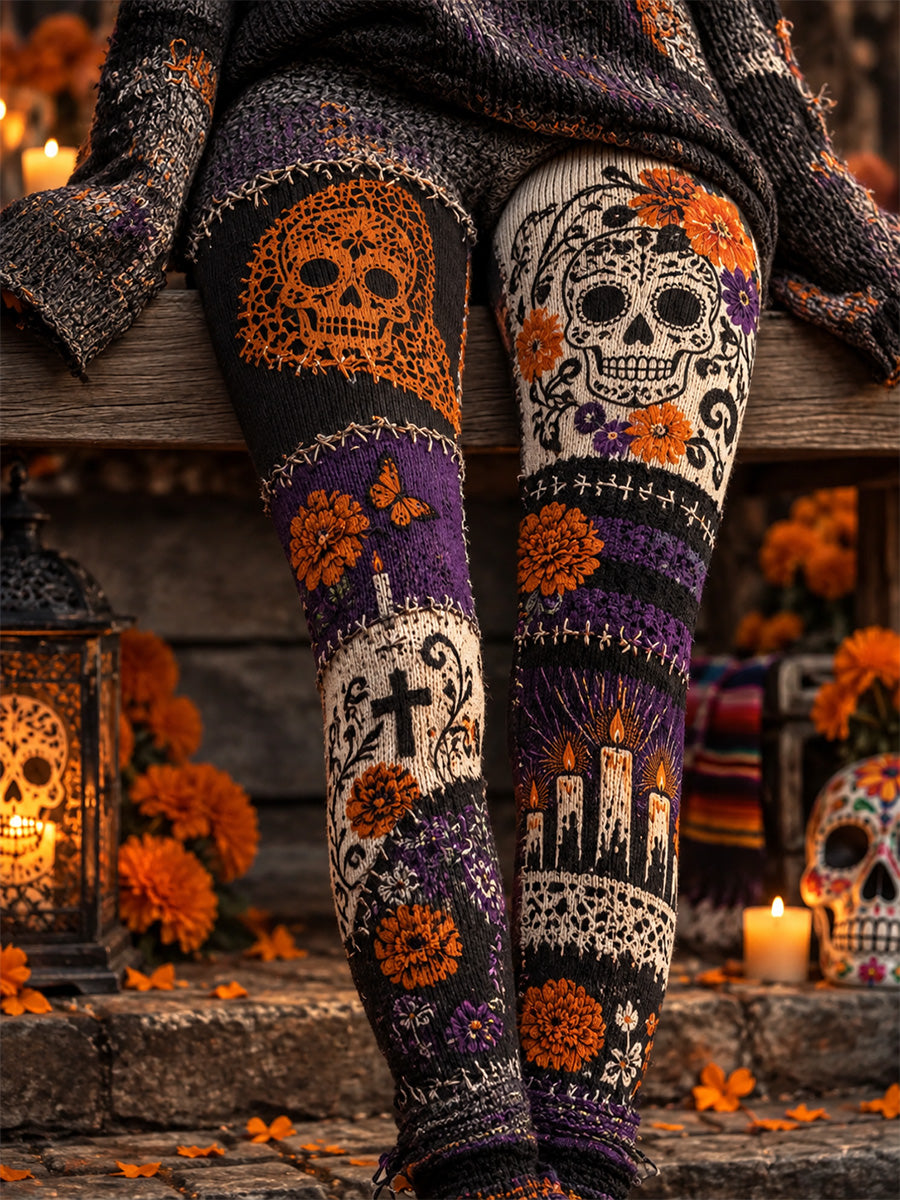 Leggings casuales de terciopelo con estampado artístico del Día de los Muertos mexicano para mujer