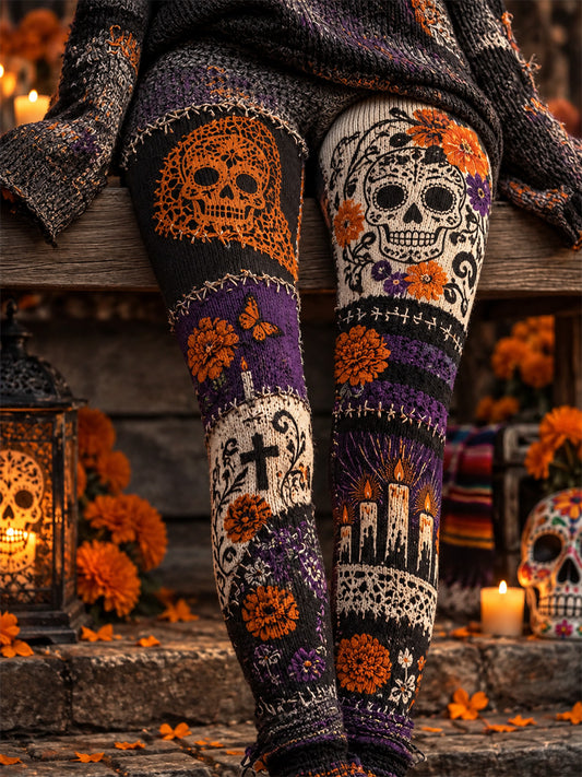 Leggings casuales de terciopelo con estampado artístico del Día de los Muertos mexicano para mujer